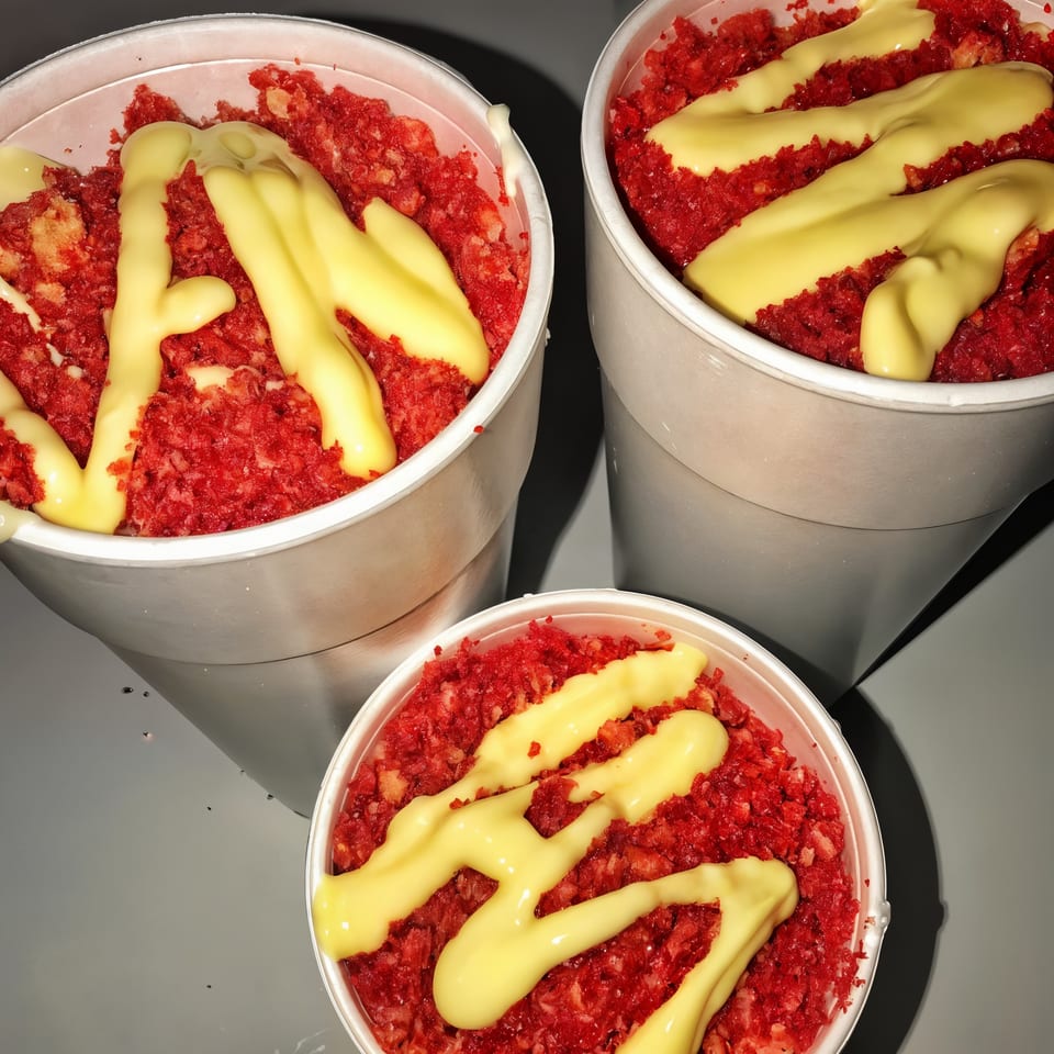 Three cups of red Mexican street corn with yellow cheese sauce drizzled on top.